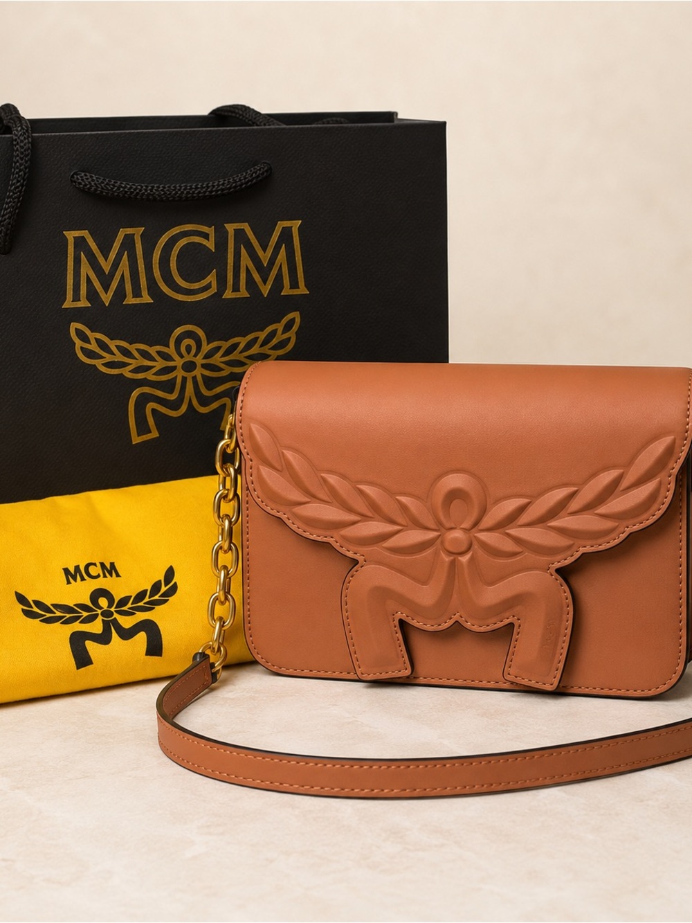 NWT MCM Himmel Maxi Honors Small Leather Crossbody Cognac